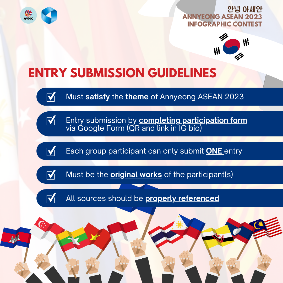 Guidelines: Must satisfy the theme of Annyeong ASEAN 2023 / Entry submission by completing participation form via Google Form(QR and link in IG bio) / Each group participant can only submit ONE entry / Must be the ORIGINAL WORKS of the participants / All sources should be PROPERLY REFERENCED